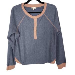 Hem & Thread Small S Denim Blue Textured Boxy Henley Pullover Top Long Sleeve